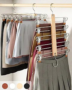 MORALVE Skirt Hangers Space Saving with Clips - 2 Pack - European Beechwood 5-Tier Hanger for Shorts, Skirts, and Pants - Closet Organizer and Storage Solution for Women with 360 Swivel Hook