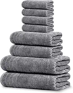 Tens Towels Pack of 8 Towels Set, 2 Extra Large Bath, 2 Hand, 4 Washcloths, 100% Cotton, Lighter Weight, Quicker to Dry, Super Absorbent, Perfect for Bathroom, Dark Grey