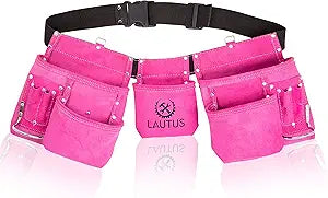LAUTUS Pink Tool Belt/Pouch/Bag, Carpenter, Construction, Framers, Electrician |11 Pockets| 2 Steel Hammer Holders|