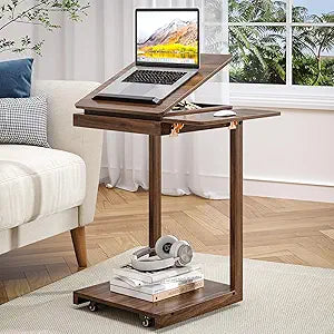 OtterOasis C Shaped End Table, Rolling Side Table with 4-Way Convertible Desktop, Wooden C Table with Multi-Functional Folding Tray & Small Chair, Side Table for Couch, Living Room, Bedroom, Walnut