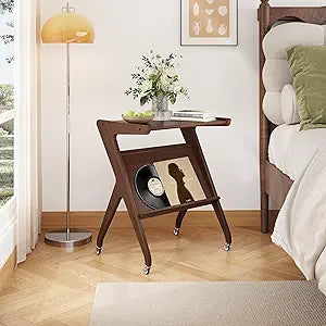 ZIYOO Solid Wood Mobile Side Table with Lockable Wheels, Multi-Functional Rolling End Table & Nightstand for Bedroom/Living Room, Small Spaces, Walnut