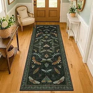Hazo Haus Washable Insect 2x6 Runner Rug for Hallway- Stain Resistant Kitchen Runners, Floral Whimsical Indoor Floor Mat for Bathroom, Soft Non Slip with Rubber Backed, Dark Green