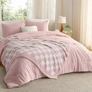 Bedsure Twin Comforter Set with Checkered Throw Blanket for Couch - 3 Pieces, 1 Pink Comforter Twin Size, 1 Pillow Sham, 1 Checkered Blanket, Super Soft, Lightweight & Fluffy for Bed & Sofa