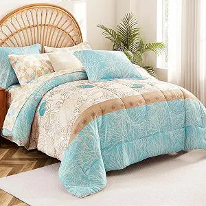 Cmfshape Blue Coastal Queen Size Comforter Set 7 Pieces,Starfish Printed Bedding Bed in A Bag,Soft Microfiber Comforter with Sheet Sets,Pillowcases&Shams for All Season,90x90