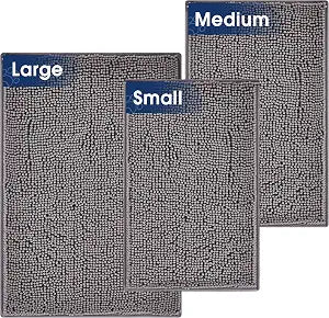 Pack of 3 Super Absorbent Dog Door Mats, Dirt Trapper Non-Slip Soft Chenille Pet Rugs, Machine Washable Quick Dry Indoor Outdoor Entryway Mats, Grey (Small/Medium/Large)