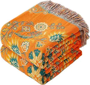 Phuryllic Boho Throw Blanket Throw Size, Soft Cozy Cotton Muslin Quilt Blanket for Bed Decor, Bird Patterned Couch Sofa Chair Cover, Vintage Farmhouse Cottage Tapestry Woven Blanket, Orange&Green