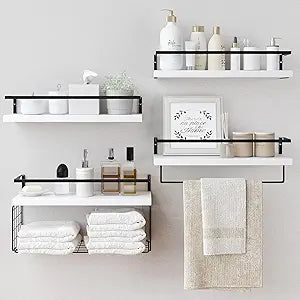 White Wood Floating Shelves Wall Mounted - 4+1 Tier Rustic Bathroom Wall Shelves Over Toilet with Wire Storage Basket and Towel Bar, set of 4 Farmhouse Floating Shelf for Bathroom, Kitchen, Bedroom.