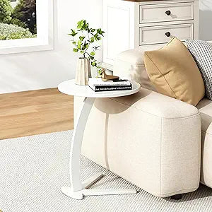 C Shaped End Table, Small Round Side Table for Couch, Slide Under Sofa Tray Desk for Living Room Bedroom, Solid Wood TV Tray Table for Narrow Space (15 White)