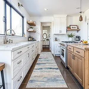 Western Coastal Beach Wave Pattern Kitchen Runner Rug - Washable Indoor Modern Abstract Low Pile Carpet for Beach House, Hallway, Entryway, Laundry, Vacation Rentals, Non-Slip Backing 3x12 Blue