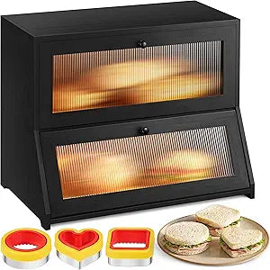 Large Bread Box for Kitchen Countertop - Black Bread Box, Bamboo Breadbox & Wooden Bread Boxes | Vintage Countertop Cabinet | Ventilated Double-Layer, Panoramic Windows, Cutters & Sealers