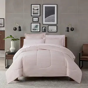 Nine West Sydney 7 Piece Reversible Stripe Bed in a Bag Complete Bedding Comforter Set with Sheets and Pillow Case for All Season, Queen, Mauve