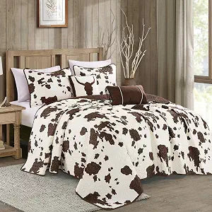 Cowhide Bedspread Set 5 Piece, Western Ranch Style Quilt Set with Decorative Pillows, Oversized Microfiber Coverlet Bedding Set (Queen)