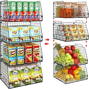 4 Pack XXL Stackable Wire Storage Basket, Extra Large Capacity Pantry Organizer and Storage, Muti-Purpose for Vegetable Fruit Basket & Can Organizer & Snack Rack & Metal Pantry Bin