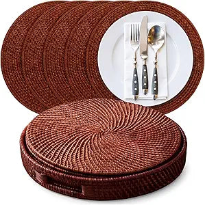 7 Pcs Rattan Placemats Set, 6 Pcs 13" Natural Hand Woven Rattan Placemats with 1 Pc 13.8 Wicker Round Serving Tray Storage Basket for Dining Table Coffee Kitchen Home(Round,Brown)