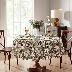 Elrene Home Fashions Pinecone Plaid Red/Green Holiday/Christmas Fabric Wrinkle Resistant Round Dining Tablecloth, 70"x70"