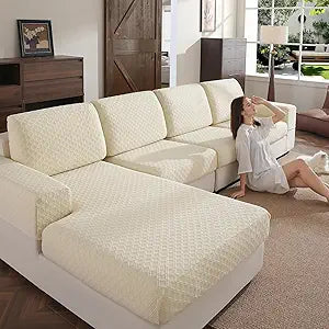 OHSIO Couch Cover, Stretch Sofa Cover, Soft Seat Cushion Covers Washable, Sectional L Shape Sofa Slipcover, Wear Stain Resistant Pet Friendly Furniture Protector for Home (1 Seat Cover L, Ivory)
