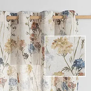 MYSKY HOME Linen Floral Curtains & Drapes 63 Inch Long 2 Panels Semi Sheer Light Filtering Privacy Flower Print Grommet Window Treatments for Kitchen Bedroom, 52" Wide Each Panel, 2 Pcs, Yellow