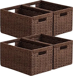 UBBCARE 4 Pack Wicker Basket, 13.4L8.3H7.1W inch Woven Paper Rope Storage Baskets for shelves, Foldable Rectangular Storage Baskets with Handle, Storage Basket for Organizing, Dark Brown