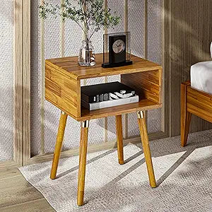 Bme Dinkee Solid Wood Nightstand, Fully Assembled, Without Drawer for Mid Century Bedroom and Living Room, Caramel
