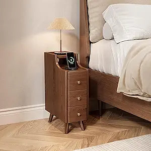 Narrow Nightstand with Drawers, 7.9" Solid Wood Nightstand with Open Shelf & Cable Hole, Modern Night Stand Slim Bedside Table for Small Spaces, Bedroom, Living Room, Study