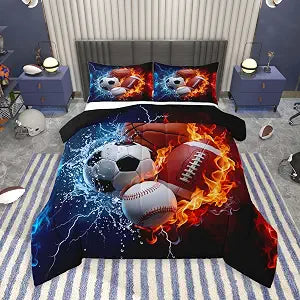 Feelyou Boys Sports Comforter Set Twin Size Football Baseball Soccer Bedding Set Basketball Duvet Quilt for Kids Boys Bedroom Ball Game Sports Decor Navy Blue Microfiber Ultra Soft Breathable