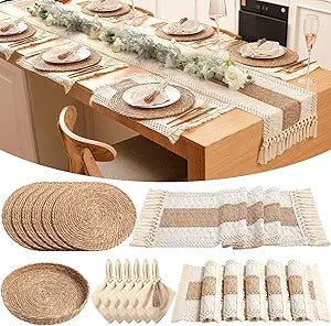 6 Sets Boho Decoration Placemats Round Woven Placemats, Cloth Napkins, Wood Bead Napkin Rings, Long Table Runner and Farmhouse Burlap Cotton for Table Kitchen (Khaki,12x72)
