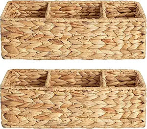 StorageWorks Wicker Basket Tank Topper, Wicker Storage Basket for Shelves, Toilet Paper Basket for Back of Toilet Tank Top, 3-Section Water Hyacinth Storage Baskets, 2-Pack
