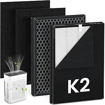 K2 Replacement Filter Compatible with LUNINO K2, TER Air MK-AP01, DBFIT AP300 Air Purifiers, 3-Stage Double-sided HEPA Filters, with 4 Washable Carbon Pre-filters, 2 Pack