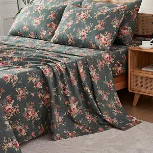 FADFAY French Floral Sheet Set King Size, 100% Muslin Cotton Double Gauze Bedding, 4 Piece Shabby Chic Rose Pattern Sheets, Ultra Soft Breathable Deep Pocket Fitted Sheet & Flat Sheet, Green