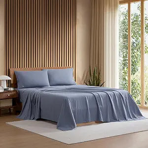 Lacoste 100% Cotton Percale 4-Piece Sheet Set, Vintage Indigo, Full
