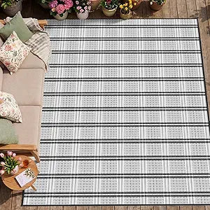 UPGRADE Waterproof Outdoor Rug 5x8 ft, Reversible Plastic Patio Rug, UV Resistant Straw Camping Mat with Carry Bag for RV Beach Deck Backyard, Gray & White