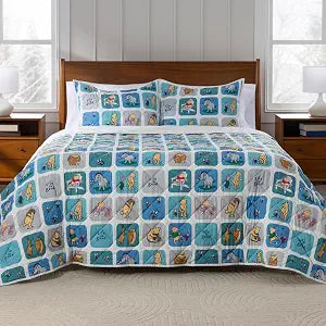 Berkshire Winnie and Friends Microfiber Quilt Set, Ultra Soft Lightweight Coverlet Bedspread with 1 Sham, All-Season Cozy Bedding for Bedroom(Twin/TwinXL, Friends Boxes Blue)