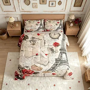 Manfei Paris Eiffel Tower Comforter Set Twin Size 2 Pcs,Vintage Old Newspaper Letter Hand Drawn Bedding Set,Romantic Red Roses Flowers French Style Quilt Set for Child Bedroom,1 Pillowcase
