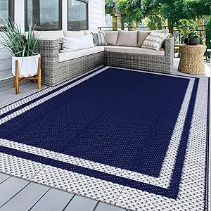 KMAT Outdoor Rug, Waterproof Reversible Patio Rugs, 8x10ft Large Outdoor Area Rug Foldable Plastic Camping Rugs for Outside RV, Patio,Picnic,Camper,Balcony,Porch (Blue &White)