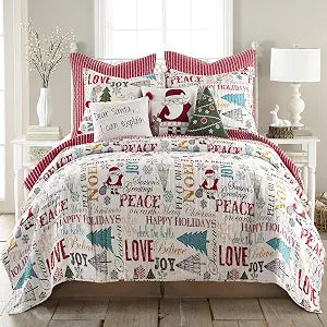 Levtex Home Merry & Bright Collection - Santa Claus Lane Quilt Set - Twin/Twin XL Holiday Quilt 68x86 + one Standard Sham 20x26 - Christmas Script - Red Teal Yellow Green Black White - Reversible