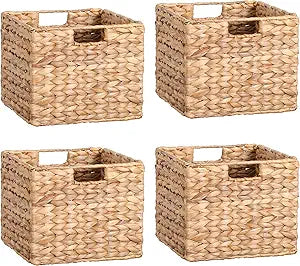 12X12X10in Water Hyacinth Storage Baskets, Wicker Storage Cubes Set of 4, Foldable Wicker Baskets for Pantry Organization, Square Baskets for Shelves