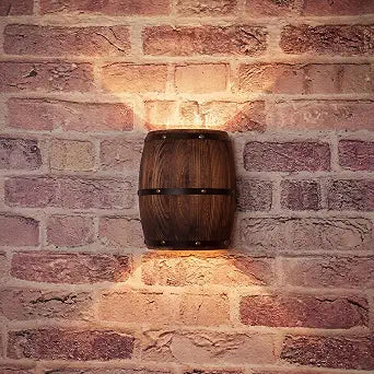Lewtemi 1 Pc Antique Wood Wine Barrel Wall Sconce Lighting Built in 2 E12 Lamp Holders Western Wall Lamps Decoration for Bar Cafe Area Bedroom Corridor Steampunk Theme