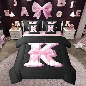 jejeloiu Kids Girls Black Pink Bow Comforter Set with Sheets Queen Size Monogrammed 7 Piece Bedding Set Personalized Initial K Bed in a Bag with Comforter,Sheets,Pillowcases Modern Fashion Bed Set
