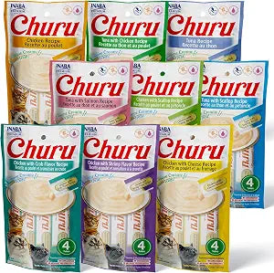 INABA Churu Cat Treats, Grain-Free, Lickable, Squeezable Creamy Pure Cat Treat/Topper with Vitamin E & Taurine, 0.5 Ounces Each Tube, 36 Tubes (4 per Pack), 9 Flavor Variety