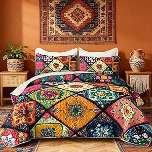HOSIMA Bohemia Style King Size Quilt Set for Adults,Different Colorful Boho Pattern Lightweight Quilt,Soft Plaid Patchwork Boho Floral Bedding for Bedroom Decor with 2 Pillowcases.