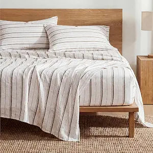 Bedsure Striped Sheets Queen Size-Fits Mattresses Up to 16" Deep-4 Piece Breathable Bed Sheets, Imitation Cotton Textured Jacquard Dobby Stripe Bedsheet & Pillowcases for Kids,Women,Men,Beige