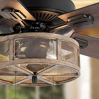 RIVER OF GOODS 52 Inch LED Modern Farmhouse Ceiling Fan with Light - Rustic Ceiling Fans with Lights - Elegant Industrial Fan with Mesh Metal Caged Shade - Brown