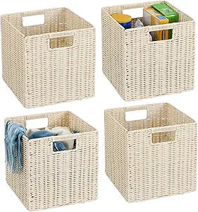 10.5 x 10.5 in Plastic Wicker Baskets for Cube Storage, Collapsible Square Wicker Storage Basket Set of 4, Rattan Storage Cube, Square Baskets for Shelves - lvory