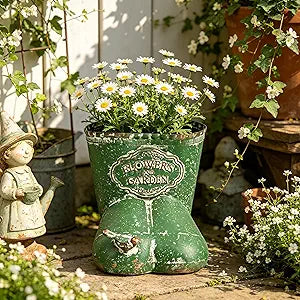 Vintage Distressed Boot Planter, Rustic Flowers & Garden Metal Rain Boot Plant Pot, Farmhouse Succulent Herb Planter for Indoor Outdoor Home Garden Patio Decor (Green - Small)
