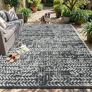 MontVoo Outdoor Rug 8x10 Waterproof-Patio Rug Mat Outdoor RV Camping Picnic Beach Mat Plastic Straw Rugs Outside Outdoor Area Rugs for Balcony Deck Backyard Grey