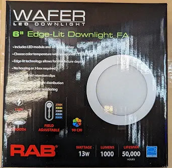 RAB Lighting WFRL-Field-Adjustable Edge-Lit LED Downlight-Canless Wafer Design-Black/White Trim-5CCT Selectable 2700K-5000K-90 CRI-Wet Rated/Dimmable for Modern Ceilings (WFRL6R139FA120WS, 1)
