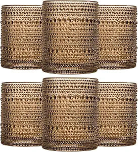 JOVGANK Brown Vintage Hobnail Drinking Glasses Set of 6, Embossed Water Tumbler 12oz, Kitchen & Bar Beaded Glass Cups, Beverage Glass Cups for Water, Beer, Juice, Housewarming and Mother's Day Gift