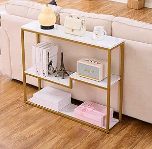 loglus Console Table for Entryway, Faux Marble MDF Sofa Table with Golden Frame, White Marble, 9.45" D x 38.18" W x 31.22" H