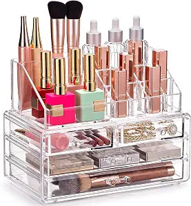 Masirs Clear Makeup Organizer with 4 Drawers 16 Compartments, Countertop
