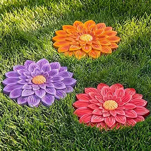 Cinnvoice 3 Pack Garden Stepping Stone Outdoor, Decorative Dimensional Resin Stepping Stones for Patio Pathway Landscaping Walkway Sculpture Yard Backyard Lawn(Dahlia,10 Inches)